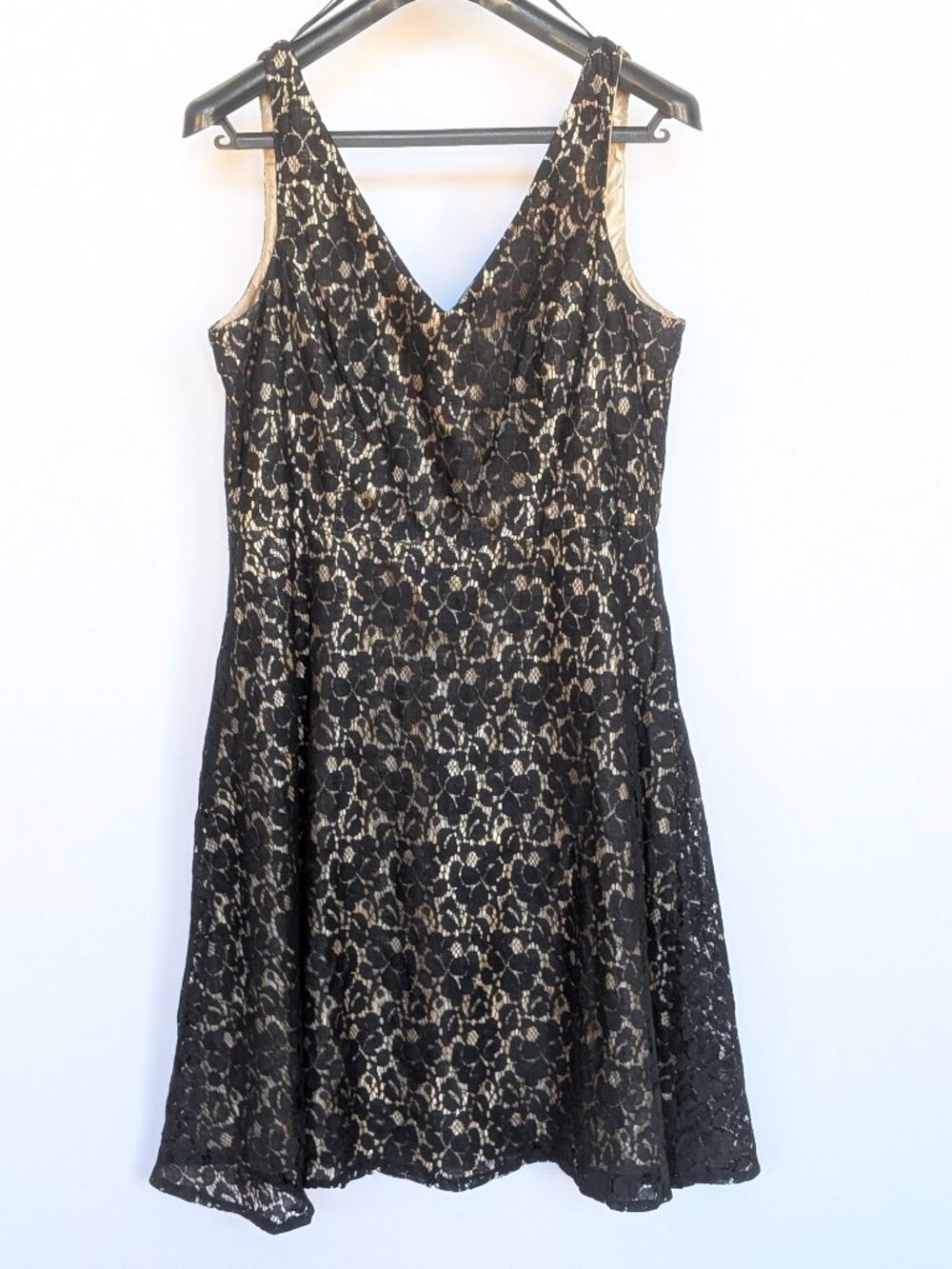Black Lace V-neck Sleeveless A-line Knee Length Dress Size 16 Floral Zip Lined